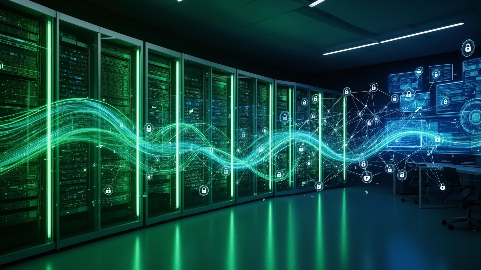 Secure technology command center with green and blue data systems